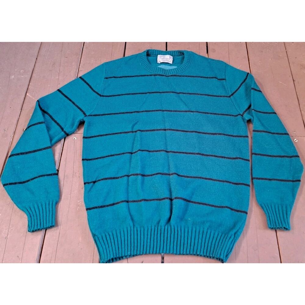 Vintage Le Tigre Sweater Men's Medium Crew Neck Acrylic USA Teal And Bacl Strip